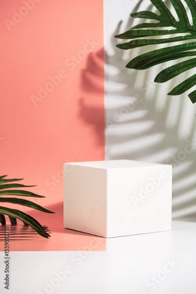 Fototapeta Cosmetics product advertising stand. Exhibition white podium with geometric shapes on a pink background with palm leaves and shadows. Empty pedestal to display product packaging. Mockup