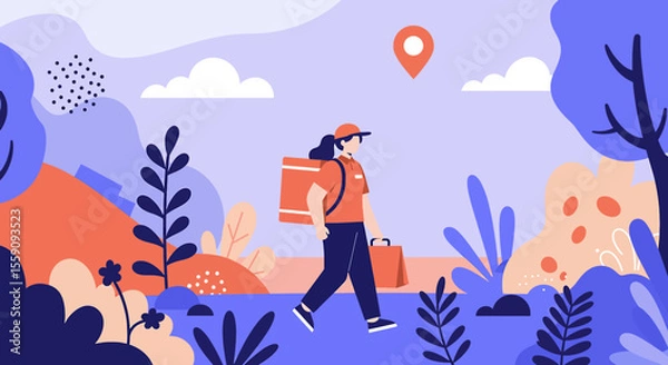Fototapeta A modern flat illustration shows a delivery person with a thermal bag walking through a stylized landscape, symbolizing efficient service and logistics.