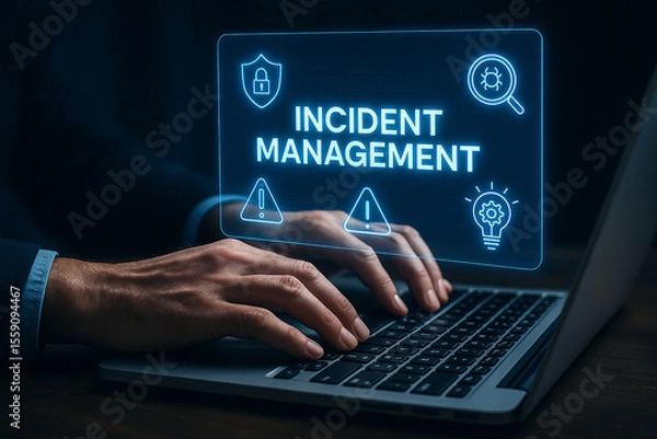 Fototapeta Hands typing on laptop with incident management interface overlayed on the screen in blue light