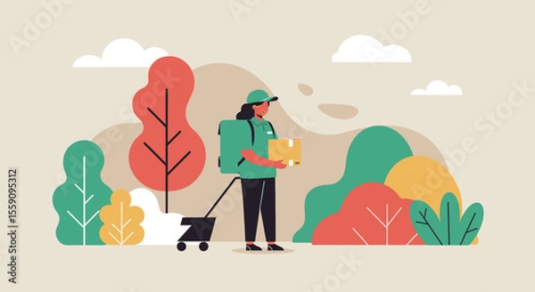 Fototapeta A modern flat illustration depicts a dedicated delivery person holding a package and pulling a small cart through a stylized outdoor landscape.