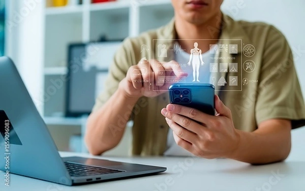 Fototapeta Man use smart watch for health care technology monitoring, ai analysis body to report and check health. Application track health Concept