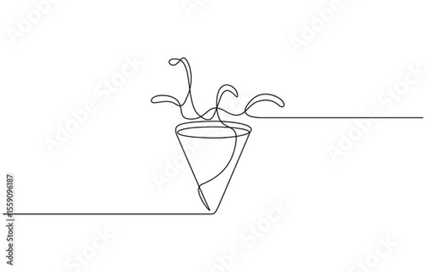 Fototapeta Party popper in continuous line drawing. Celebration-themed illustration, Party popper continuous one line drawing, confetti party popper icon, fireworks logo, flat design. pro.