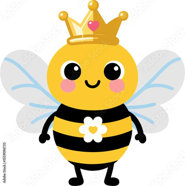 Obraz Adorable Cartoon Queen Bee with Crown and Flower – Cute Vector Insect Character Illustration