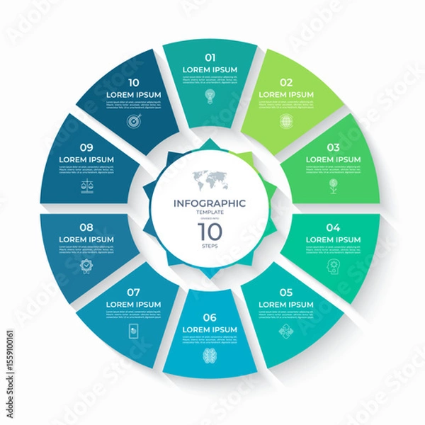 Obraz Vector infographic circle divided into 10 steps. Cycle diagram with 10 options. Round chart that can be used for report, business analytics, data visualization and presentation, educational content.