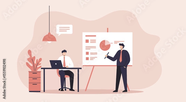 Fototapeta Two businessmen collaborating in an office, one presenting data on a whiteboard while the other works on a laptop, illustrating teamwork and corporate strategy.