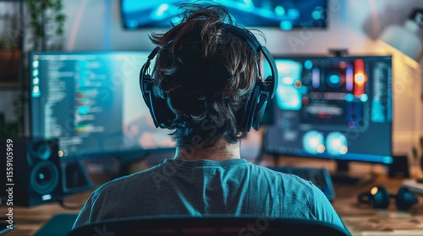 Obraz Man with Headphones Gaming or Working on Dual Monitors

