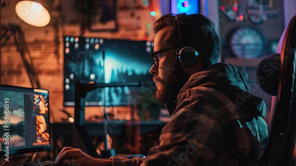 Obraz Gamer or Editor Focused on Dual Monitors at Night

