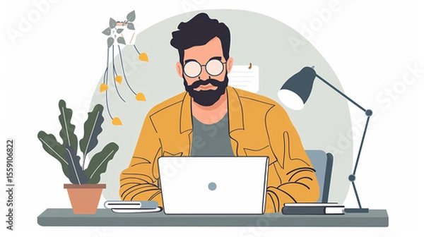 Obraz Cartoon Man with Beard and Glasses Working on Laptop