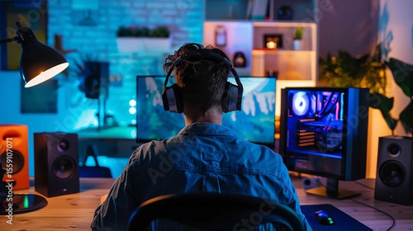 Obraz Gamer or Designer Immersed in Neon-Lit Workspace

