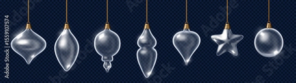 Obraz Glass Christmas ornaments set. Transparent holiday baubles with ribbons. Decorative elements for New Year tree.
