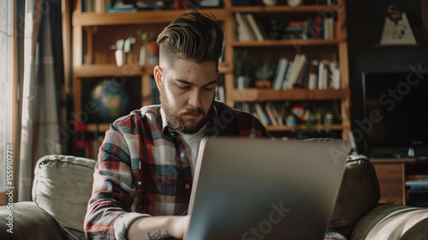 Obraz Focused Man Working on Laptop at Home