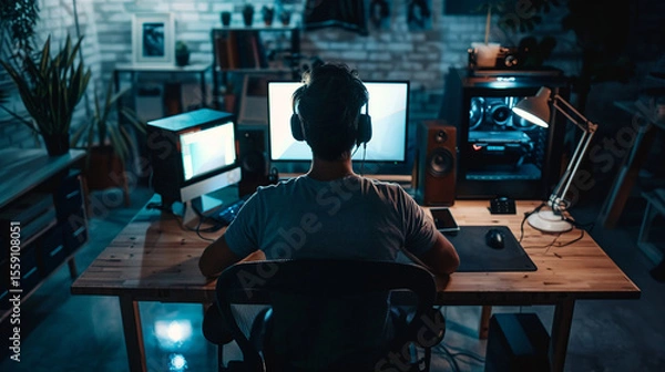 Obraz Gamer or Editor Working on Powerful Computer Setup

