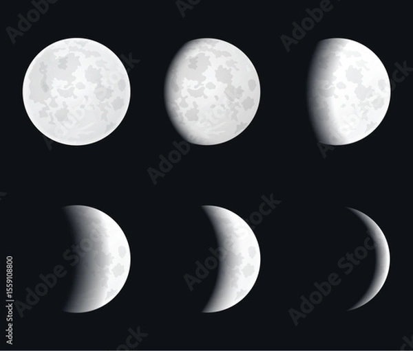 Fototapeta Moon eclipse, different phases, realistic moonlight in stages from full moon to thin moon	
