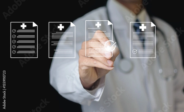 Fototapeta A medical worker fills out a business performance document checklist on a laptop. This digital form includes online surveys, questionnaires, and assessment forms