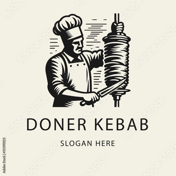 Fototapeta Black and white flat vector logo of a chef slicing meat for doner kebab with a large knife. Bold silhouette design, perfect for restaurant branding, signage, or packaging.
