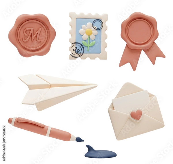 Fototapeta Playful 3D of mail-themed icons including envelope, paper plane, stamp, seal, and pen—ideal for creative communication content.