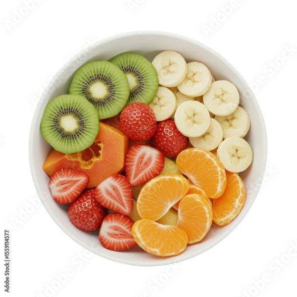 Fototapeta A transparent ceramic bowl, abundant with artfully arranged fresh kiwi, strawberries, banana, and orange segments, on a stark white background with ample copy space, captured in soft, bright