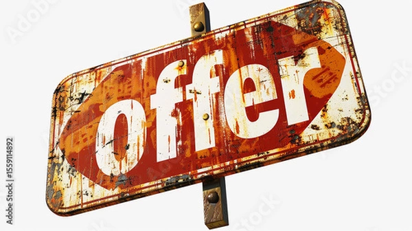 Obraz Title: Grunge Rusty Metal "Offer" Signpost, Isolated on White