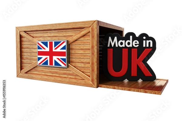 Obraz Made in UK text inside cargo box with British flag on transparent background.. 3D illustration