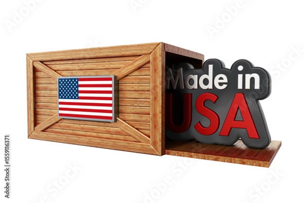 Obraz Made in USA text inside cargo box with American flag on transparent background.. 3D illustration