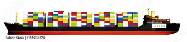 Obraz Cargo ship loaded with multi colored containers on transparent background.. 3D illustration