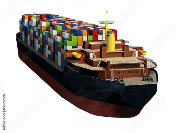 Obraz Cargo ship loaded with multi colored containers on transparent background.. 3D illustration