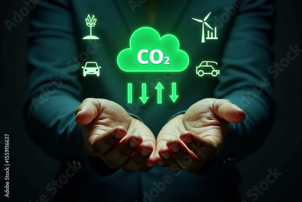 Obraz Businessman hands showing with carbon reduction for decrease CO2, carbon footprint and carbon credit to limit global warming from climate change, Bio Circular Green Economy concept.