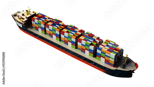 Obraz Cargo ship loaded with multi colored containers on transparent background.. 3D illustration