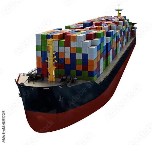 Obraz Cargo ship loaded with multi colored containers on transparent background.. 3D illustration