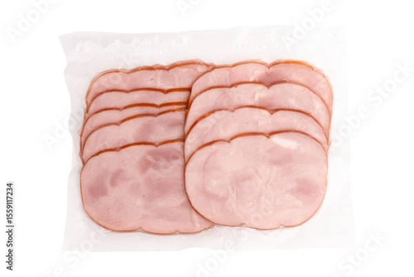 Obraz cooked and smoked ham isolated on white background, top view, slices of cold smoked meat in plastic package for any design