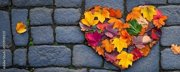 Obraz Abstract heart pattern made from colorful autumn leaves on a stone pavement