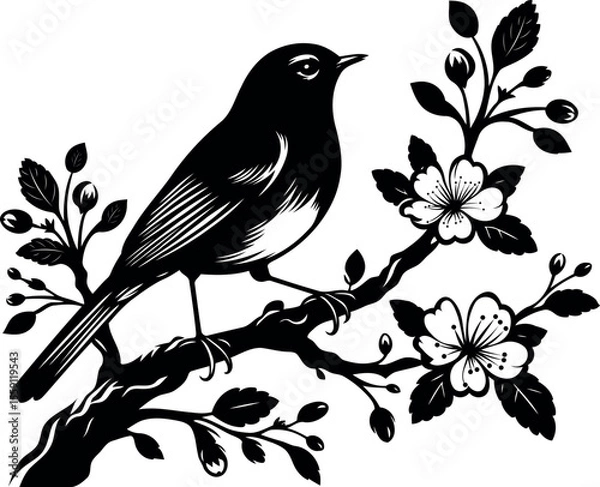 Obraz  Robin Perched on Floral Branch Silhouette Design for Posters Stickers and Home Decor.