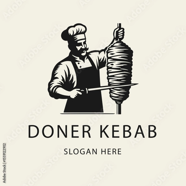 Fototapeta Black and white flat vector logo of a chef slicing meat for doner kebab with a large knife. Bold silhouette design, perfect for restaurant branding, signage, or packaging.