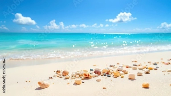 Fototapeta Coastal Serenity: A serene beach with sparkling turquoise waters invites you to a world of tranquility, under a clear, cloud-speckled sky.