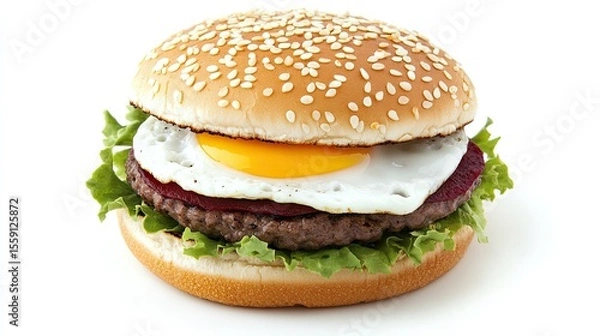 Fototapeta Aussie-style burger with beetroot, egg, and beef patty on sesame bun, clean white setting.