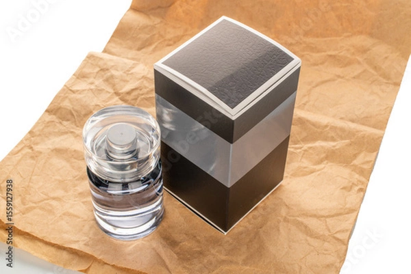 Fototapeta One bottle of perfume and paper packaging on kraft paper isolated on white background, close-up.
