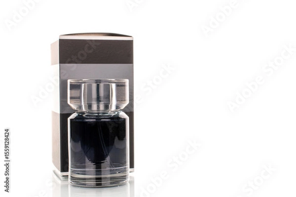 Fototapeta One perfume bottle and paper packaging isolated on white background, close-up.