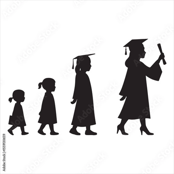 Obraz Silhouettes of a girl progressing through educational milestones to graduation