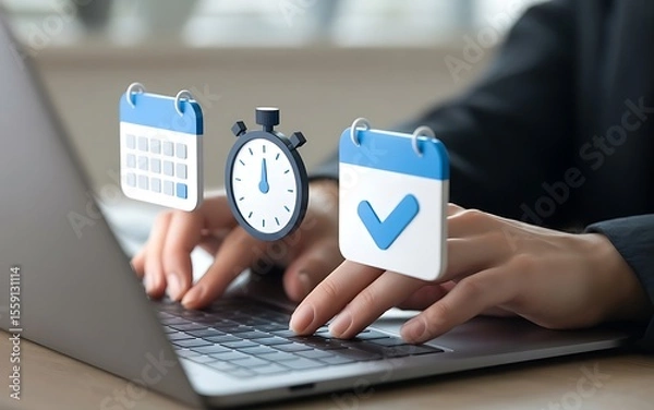 Obraz Person typing on laptop with calendar and stopwatch icons hands