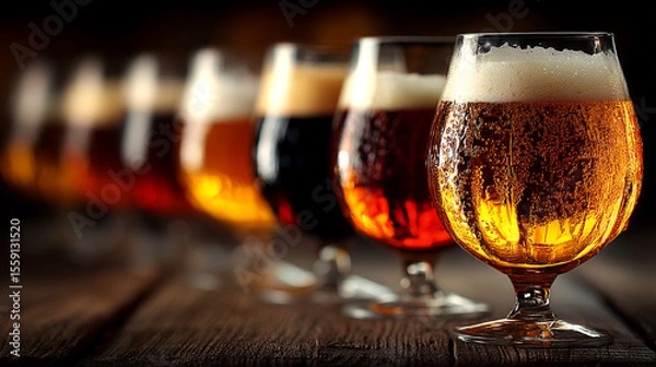Fototapeta A vibrant lineup of craft beers showcases a spectrum of golden and amber hues on a rustic wooden table.