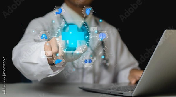 Fototapeta Medical worker touch virtual medical revolution and advance of technology Artificial Intelligence,AI Deep Learning for medical research,Transformation of innovation and technology for future Health