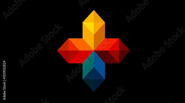 Fototapeta A vibrant geometric cross-like shape with faceted colorful planes stands out against a stark black background.