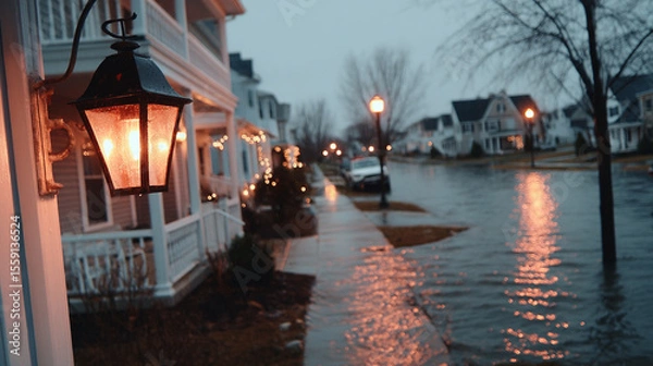 Fototapeta An illuminated porch lantern casts a warm glow over a rain-soaked, flooded street at dusk