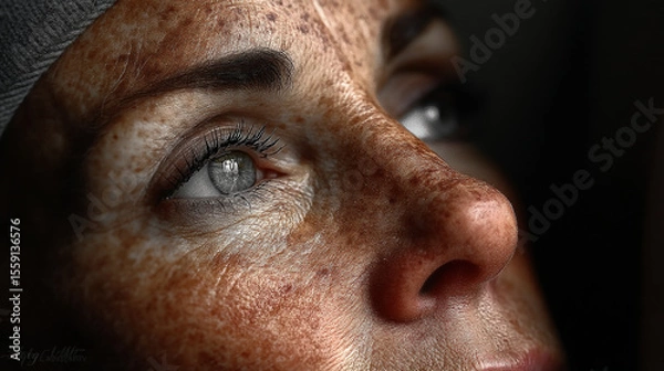 Fototapeta An intimate macro view highlights the unique beauty of a person's freckled face and expressive eye.