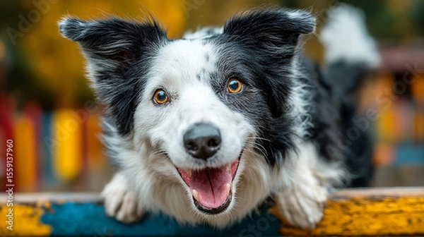 Fototapeta A delightful Border Collie dog with expressive eyes and a joyful smile gazes forward, embodying pure canine happiness.