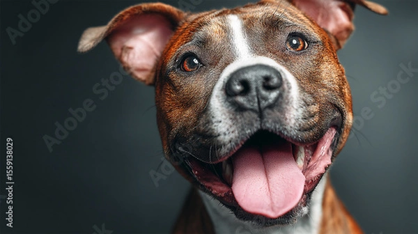 Fototapeta A joyful brown and white dog with bright eyes and a happy smile, captured in a detailed studio portrait.