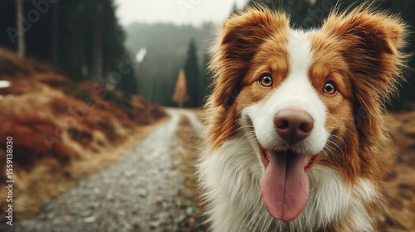 Fototapeta A happy red and white dog with a playful expression smiles directly at the camera on a scenic outdoor path.