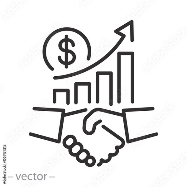 Obraz successful business deal icon, handshake partnership, good business cooperation, financial stat growth up, chart progress marketing, thin line symbol on white background - editable stroke vector