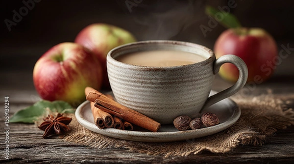 Fototapeta Steaming spiced beverage in a rustic mug with aromatic cinnamon and fresh apples on a wooden table.