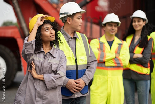 Obraz Asia woman with Group of engineer or workers at container site	